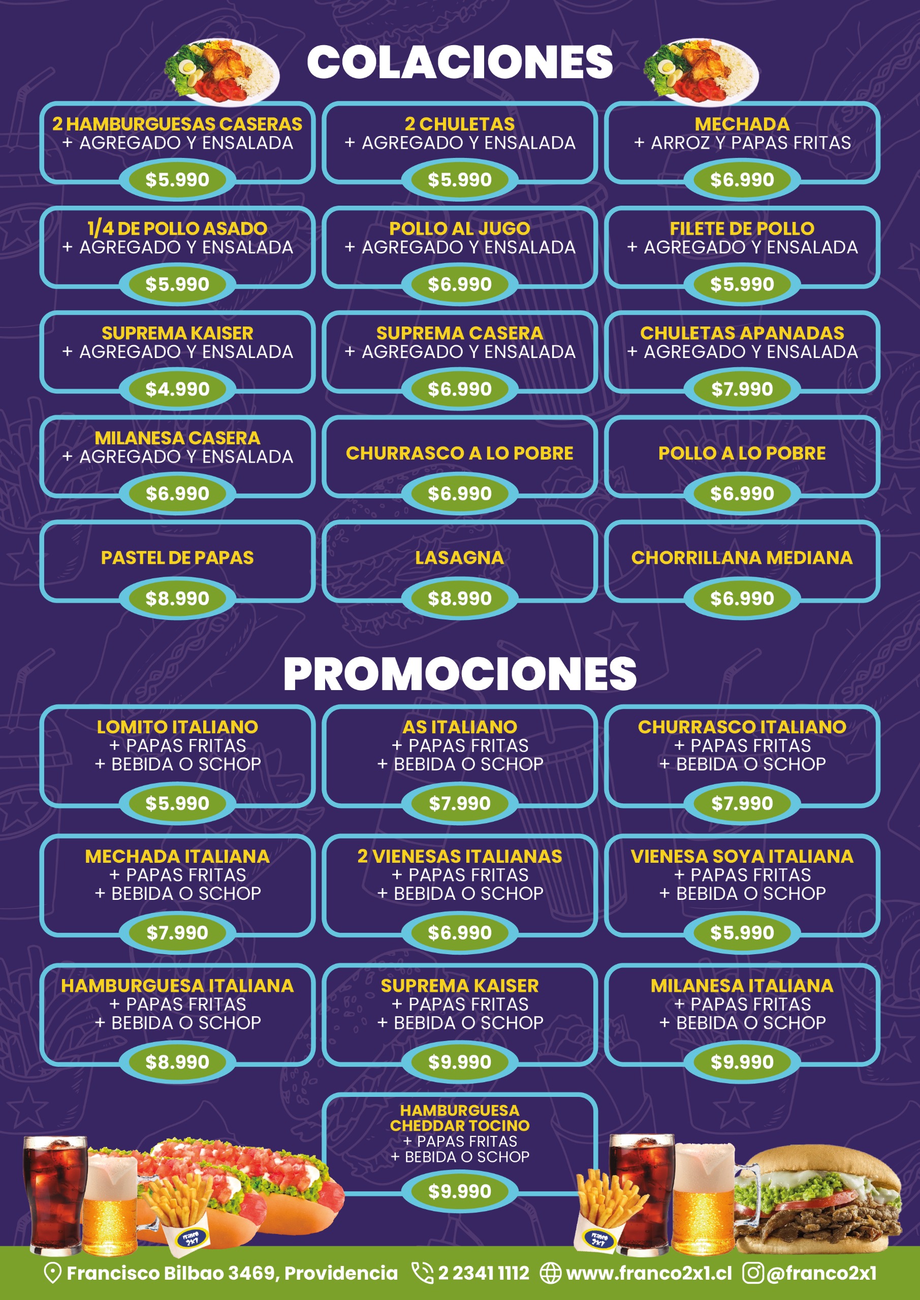 Menú Franco 2x1 - Colaciones: sándwiches, completos, empanadas y más opciones para el almuerzo