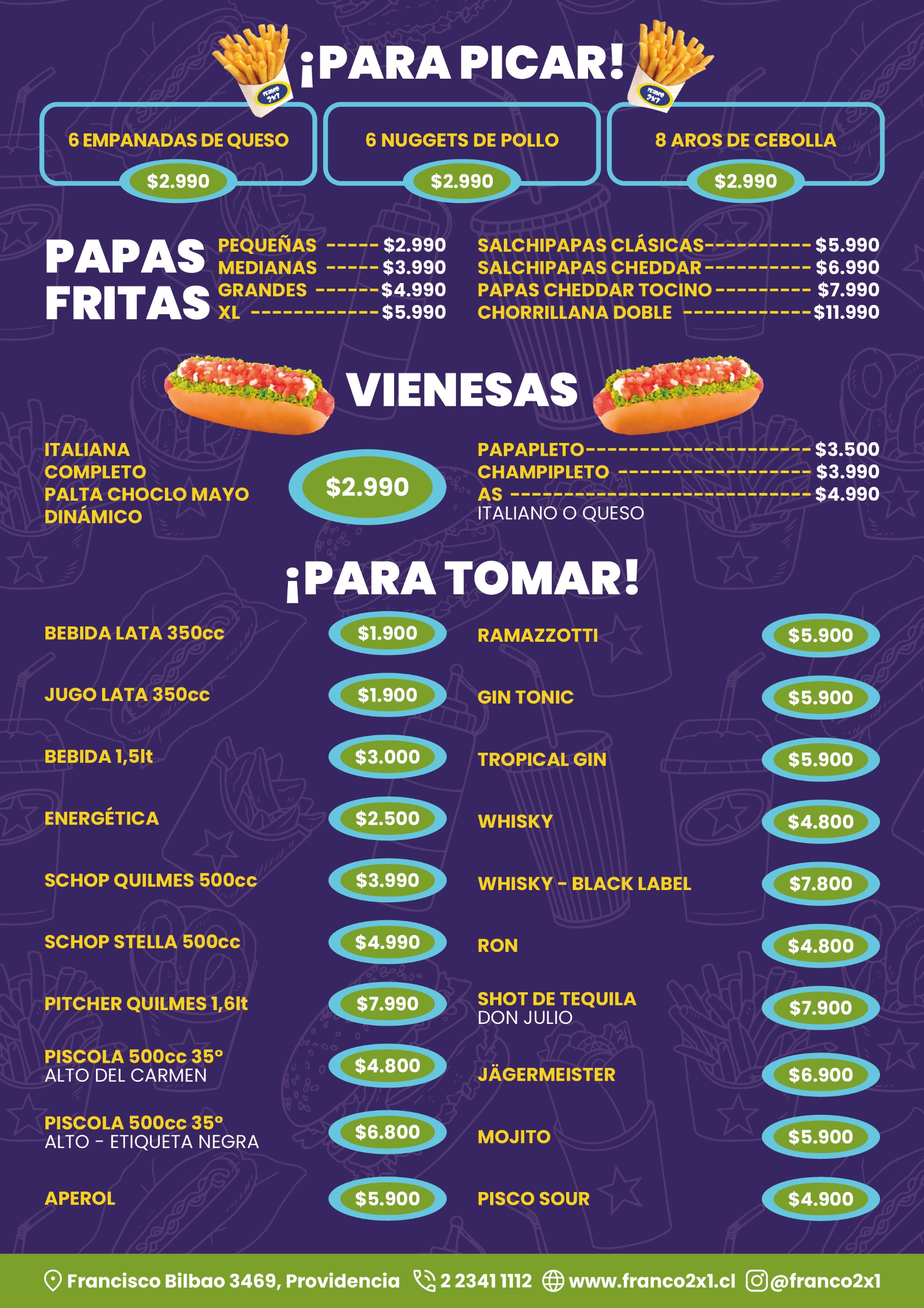 Menú Franco 2x1 - Para Picar y Tomar: aperitivos, piqueos, bebidas y opciones para compartir